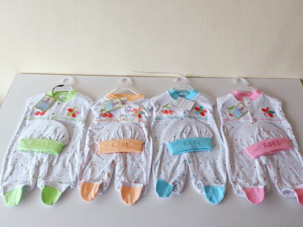 Long-sleeved cotton rompers with matching hats