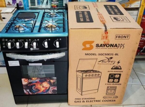 Sayona 50cmx 50cm,3 Gas+1 Hot Plate, Button Ignition,Standing Cooker Electric Oven